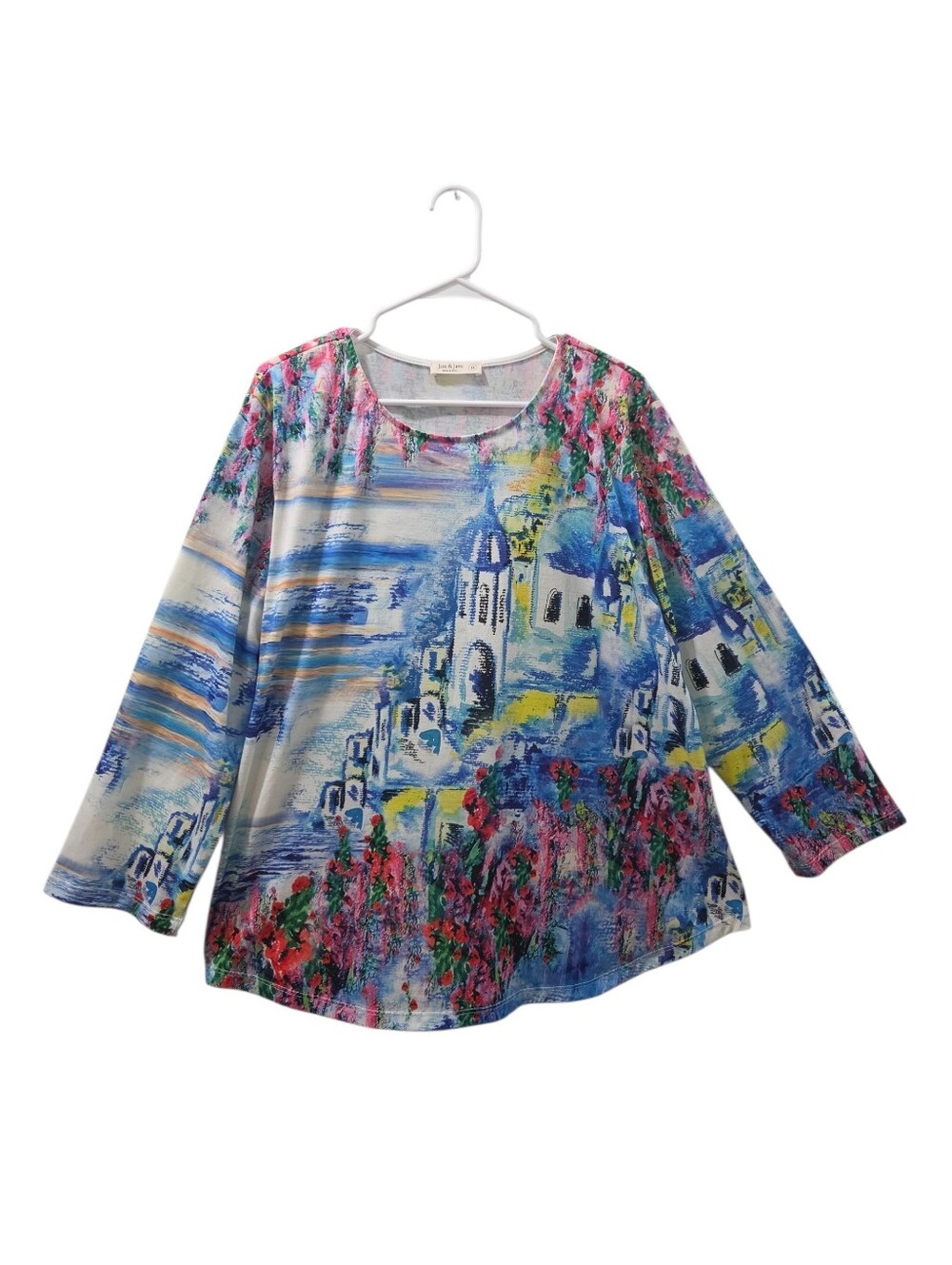 Jess & Jane 1X Coastal Village Scenic Art Print Top USA Made Plus Size Tee